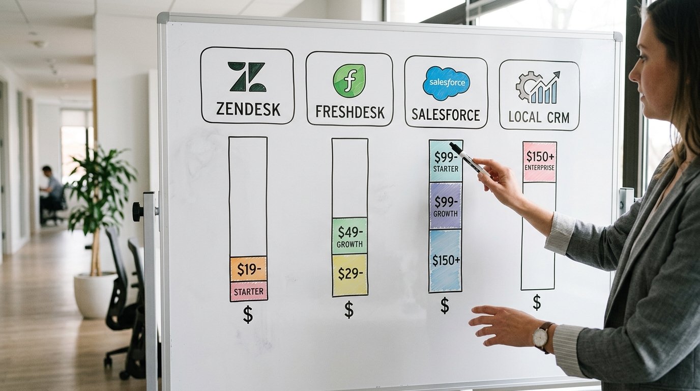 主流客服软件Zendesk、Freshdesk、Salesforce与本土软件价格区间对比图